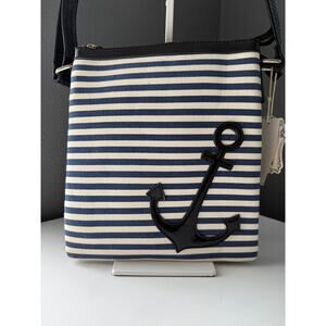 Anchor Nautical Blue White Stripes Canvas Crossbody Shoulder Bag XL Strap | NWT